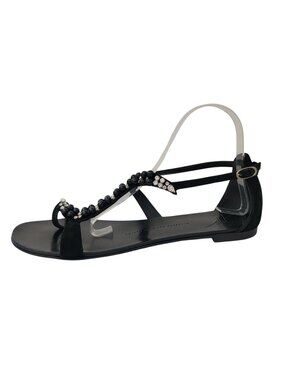 Giuseppe Zanotti Black Leather Strappy Crystal Beaded Flat Sandals Women's Sz 41